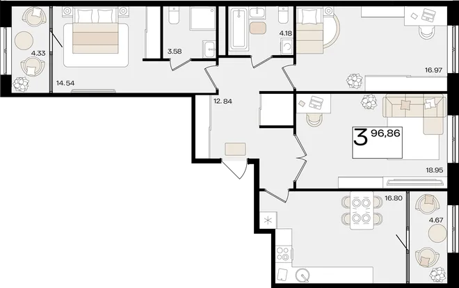 Планировка 3-комн. квартира, 96.86 м² ЖК «Патрики» Планировка 3-комн. квартира, 96.86 м² ЖК «Патрики»