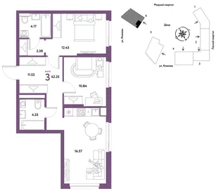 Планировка 3-комн. квартира, 62.25 м² ЖК «Сибирский сад»