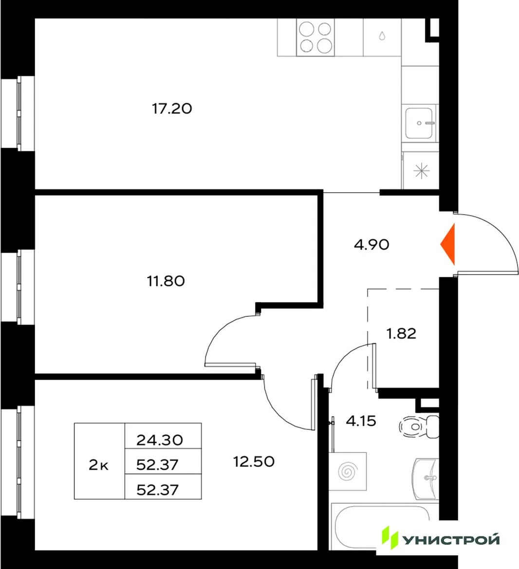 Планировка 2-комн. квартира, 52.37 м² ЖК «Уникод на Технической»