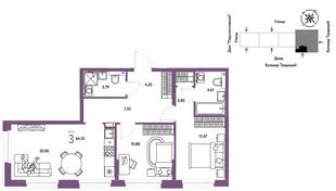Планировка 3-комн. квартира, 64.64 м² ЖК «Микрорайон Домашний»