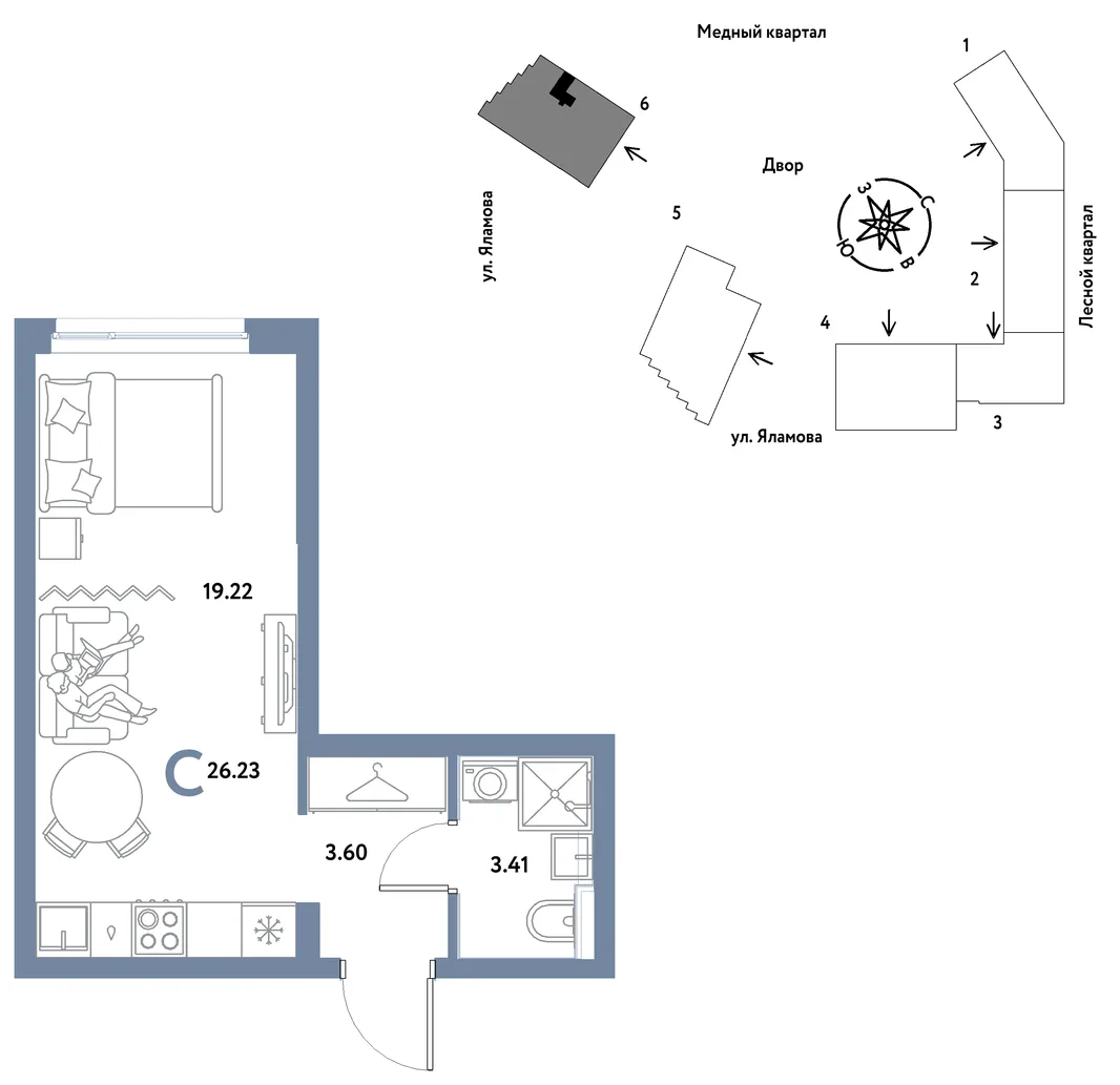Планировка Студия, 26.23 м² ЖК «Сибирский сад»