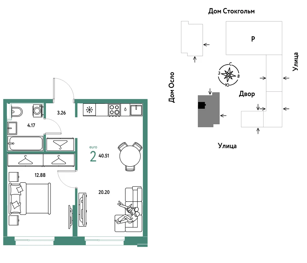 Планировка 2-комн. квартира, 40.51 м² ЖК «Европейский берег 2.0»