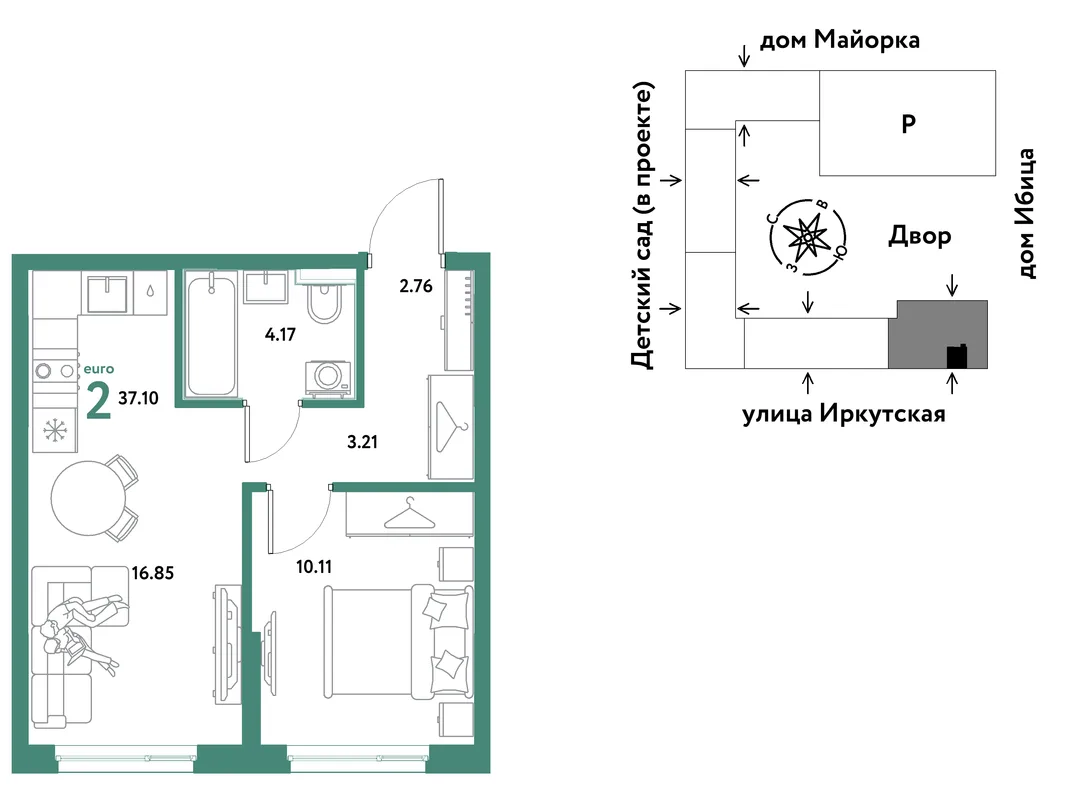 Планировка 2-комн. квартира, 37.1 м² ЖК «Остров-сад»