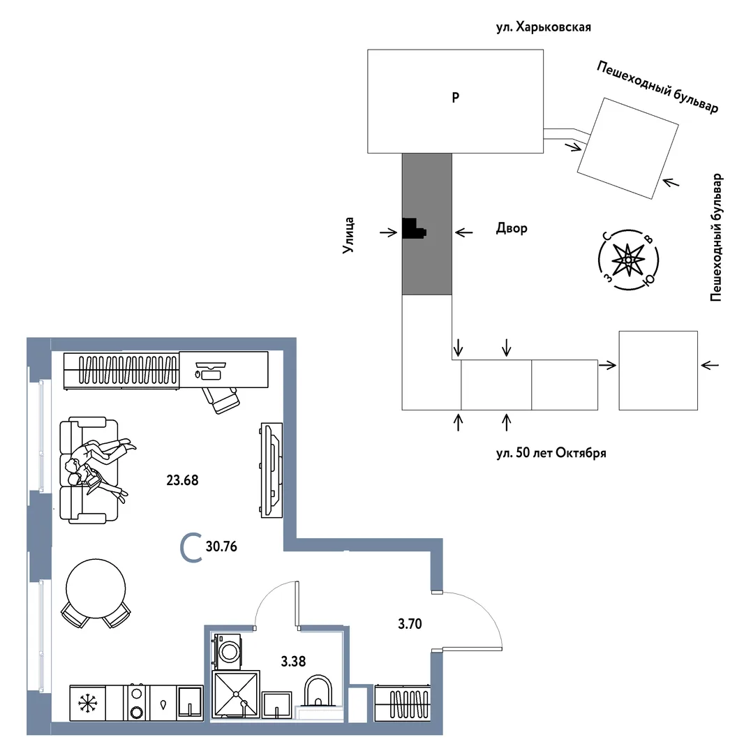 Планировка Студия, 30.76 м² ЖК «Сердце Сибири»
