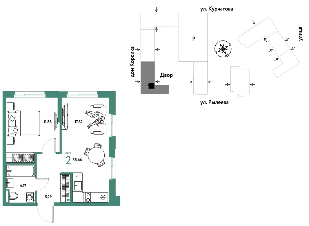 Планировка 2-комн. квартира, 38.66 м² ЖК «Остров-сад»