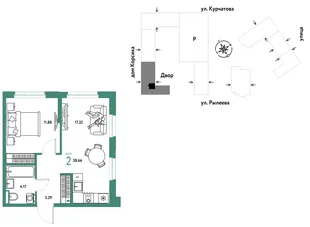 Планировка 2-комн. квартира, 38.66 м² ЖК «Остров-сад»