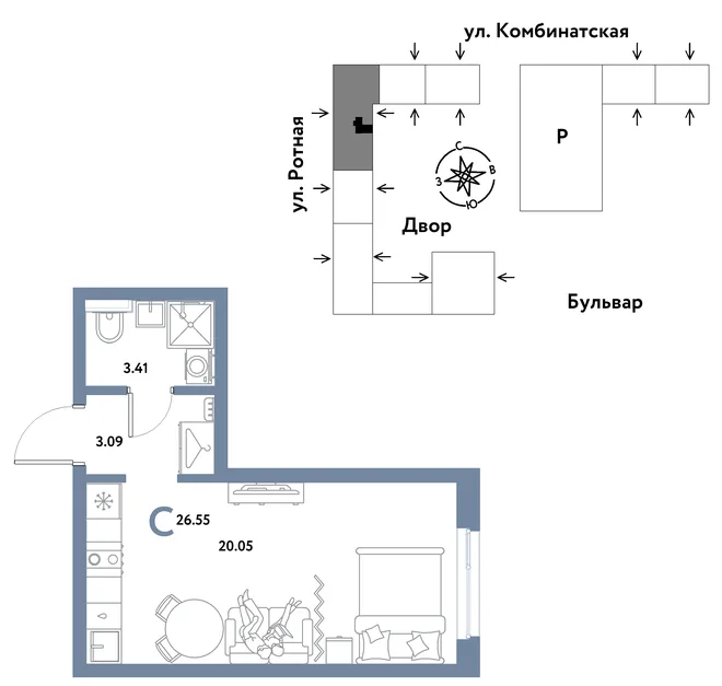 Планировка Студия, 26.55 м² ЖК «Уральский сад» Планировка Студия, 26.55 м² ЖК «Уральский сад»
