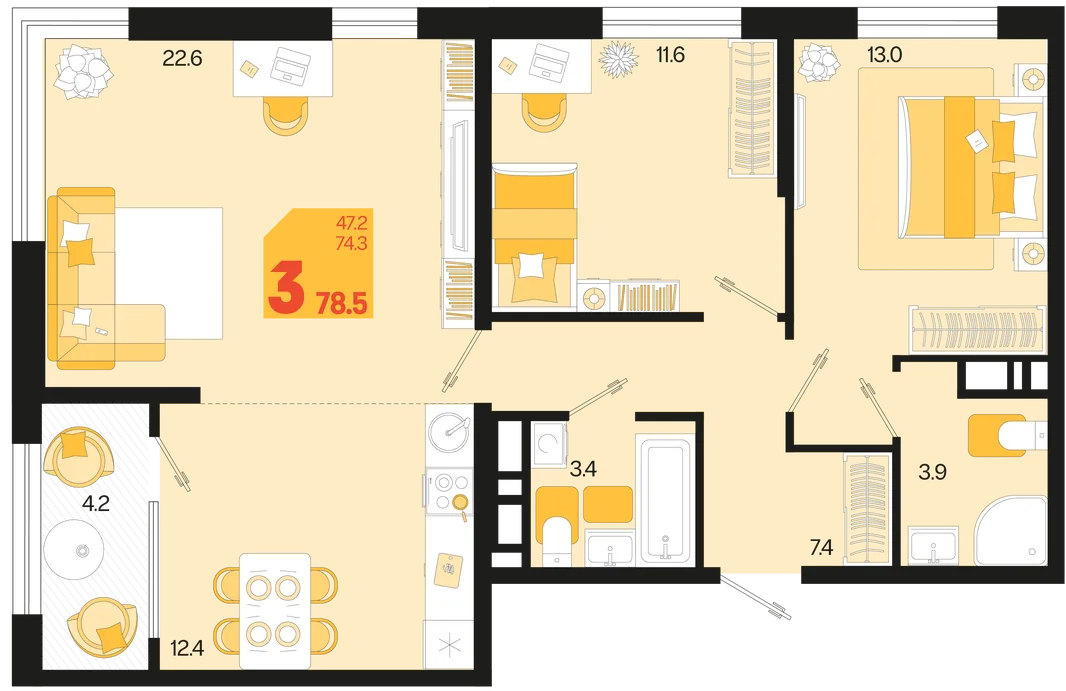 Планировка 3-комн. квартира, 78.5 м² ЖК «Первое место»