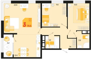 Планировка 3-комн. квартира, 78.5 м² ЖК «Первое место»