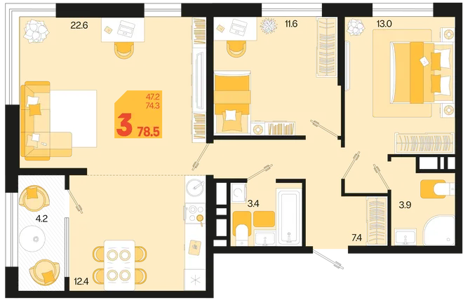 Планировка 3-комн. квартира, 78.5 м² ЖК «Первое место» Планировка 3-комн. квартира, 78.5 м² ЖК «Первое место»