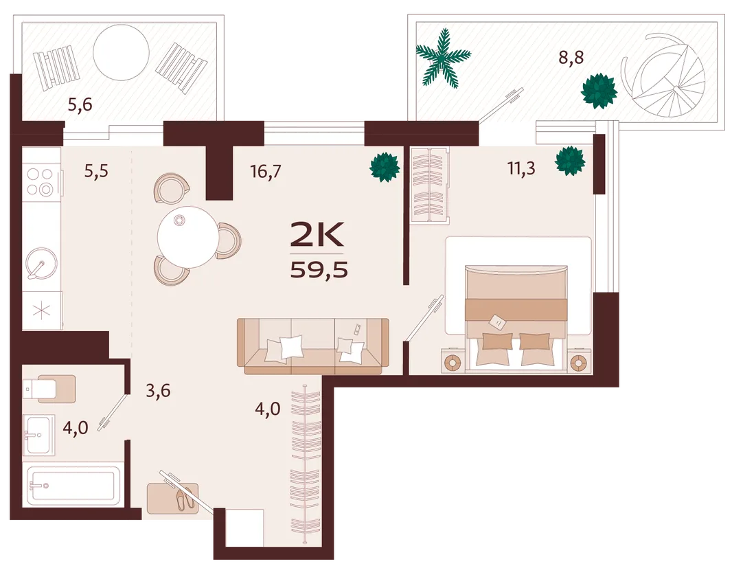 Планировка 2-комн. квартира, 59.5 м² ЖК «Роялта»