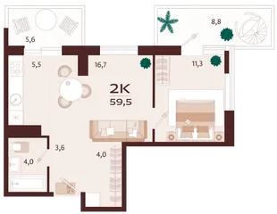 Планировка 2-комн. квартира, 59.5 м² ЖК «Роялта»