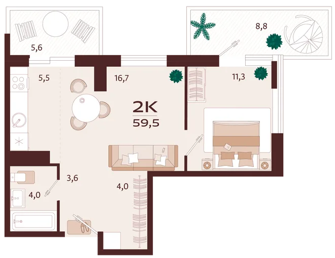 Планировка 2-комн. квартира, 59.5 м² ЖК «Роялта» Планировка 2-комн. квартира, 59.5 м² ЖК «Роялта»