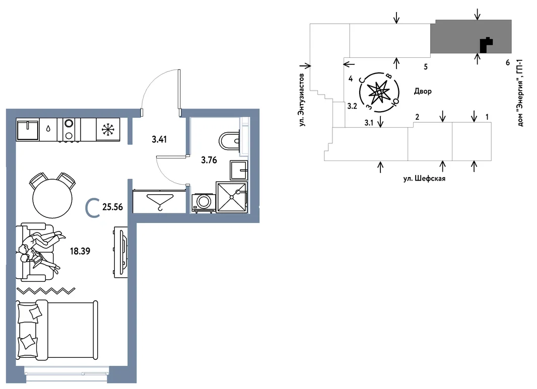Планировка Студия, 25.56 м² ЖК «Страна.Энтузиастов»