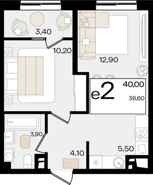 Планировка 2-комн. квартира, 40 м² ЖК «Патрики»