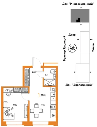 Планировка 1-комн. квартира, 33.03 м² ЖК «Микрорайон Домашний»