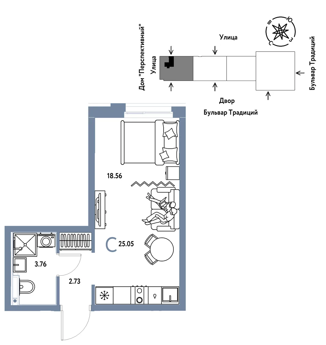 Планировка Студия, 25.05 м² ЖК «Микрорайон Домашний»