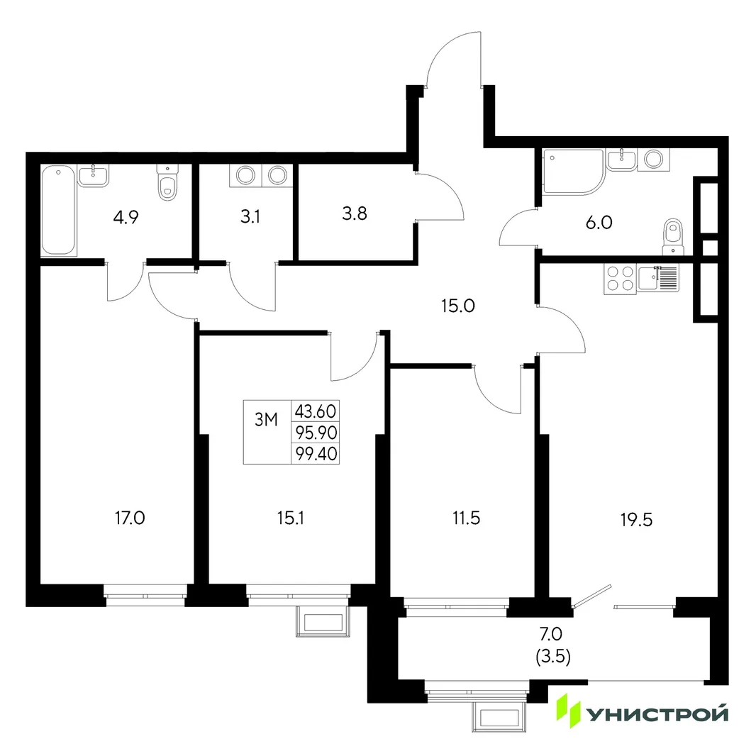 Планировка 3-комн. квартира, 99.4 м² ЖК «Стадиум»