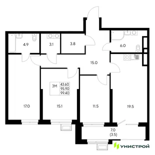 Планировка 3-комн. квартира, 99.4 м² ЖК «Стадиум»