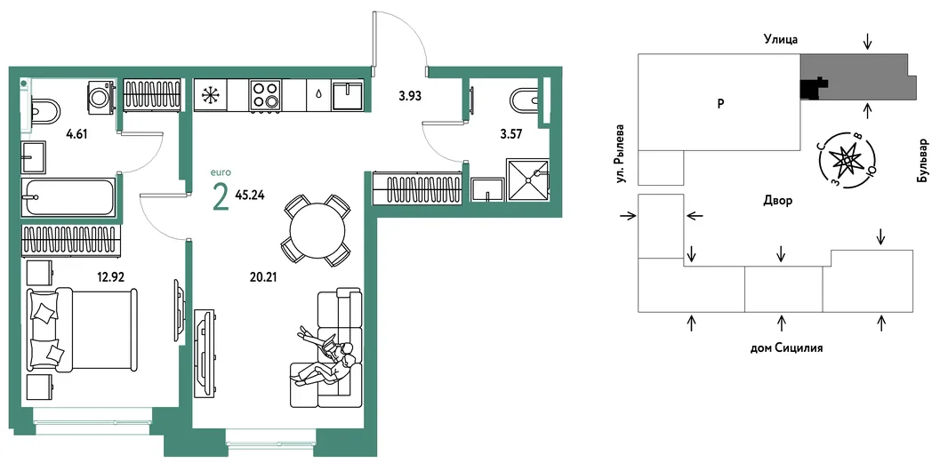 Планировка 2-комн. квартира, 45.24 м² ЖК «Остров-сад»