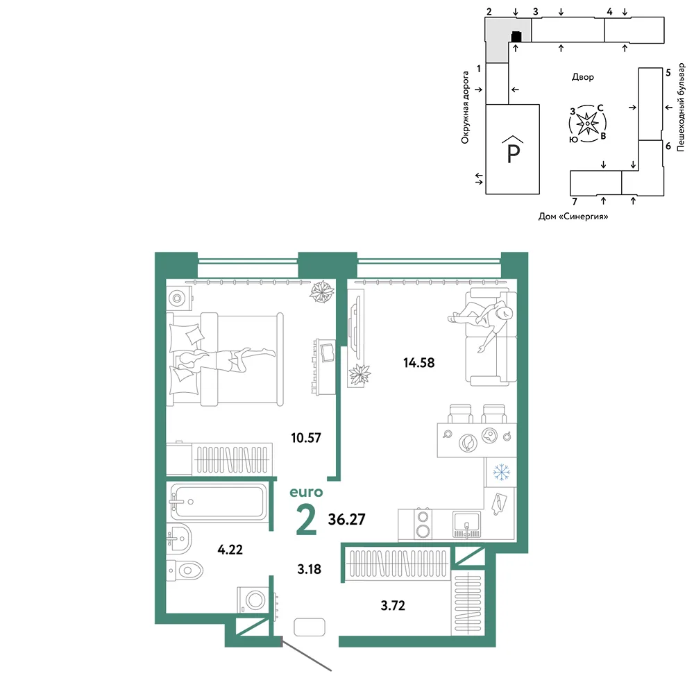 Планировка 2-комн. квартира, 36.27 м² ЖК «Юнион»