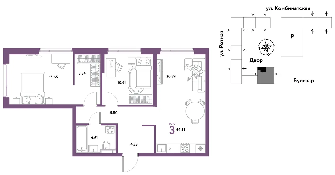 Планировка 3-комн. квартира, 64 м² ЖК «Уральский сад»
