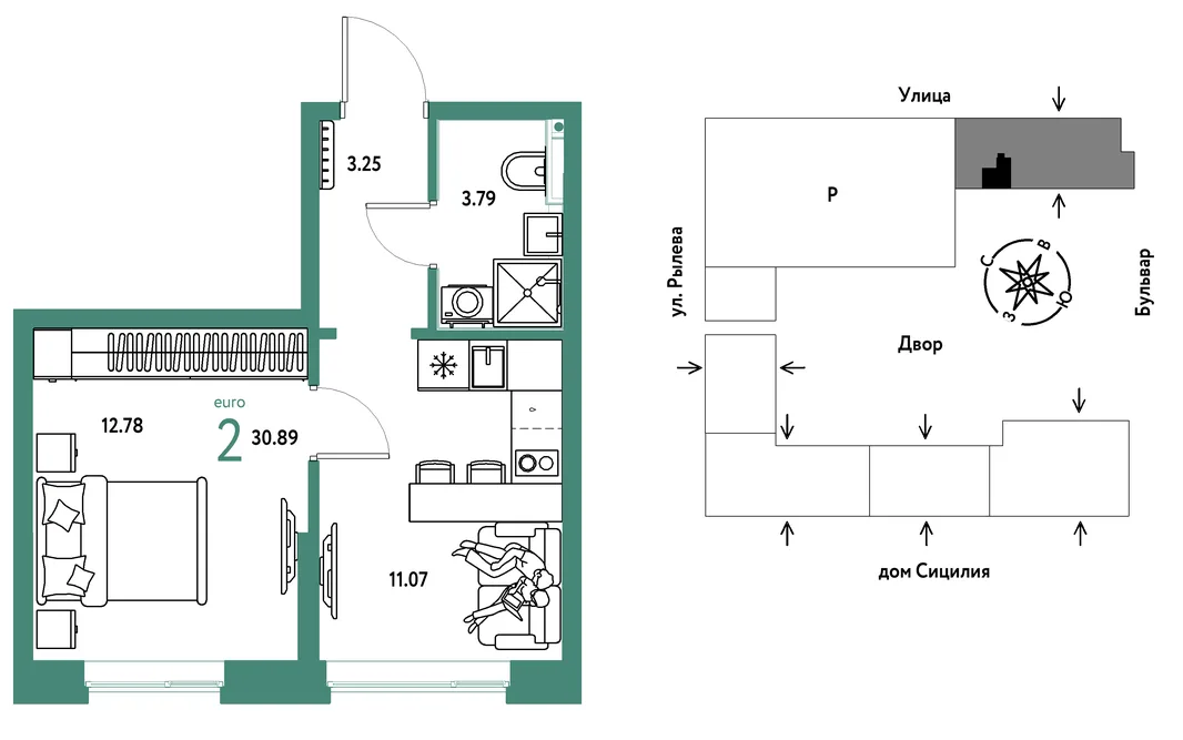 Планировка 2-комн. квартира, 30.89 м² ЖК «Остров-сад»