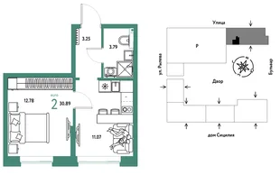 Планировка 2-комн. квартира, 30.89 м² ЖК «Остров-сад»