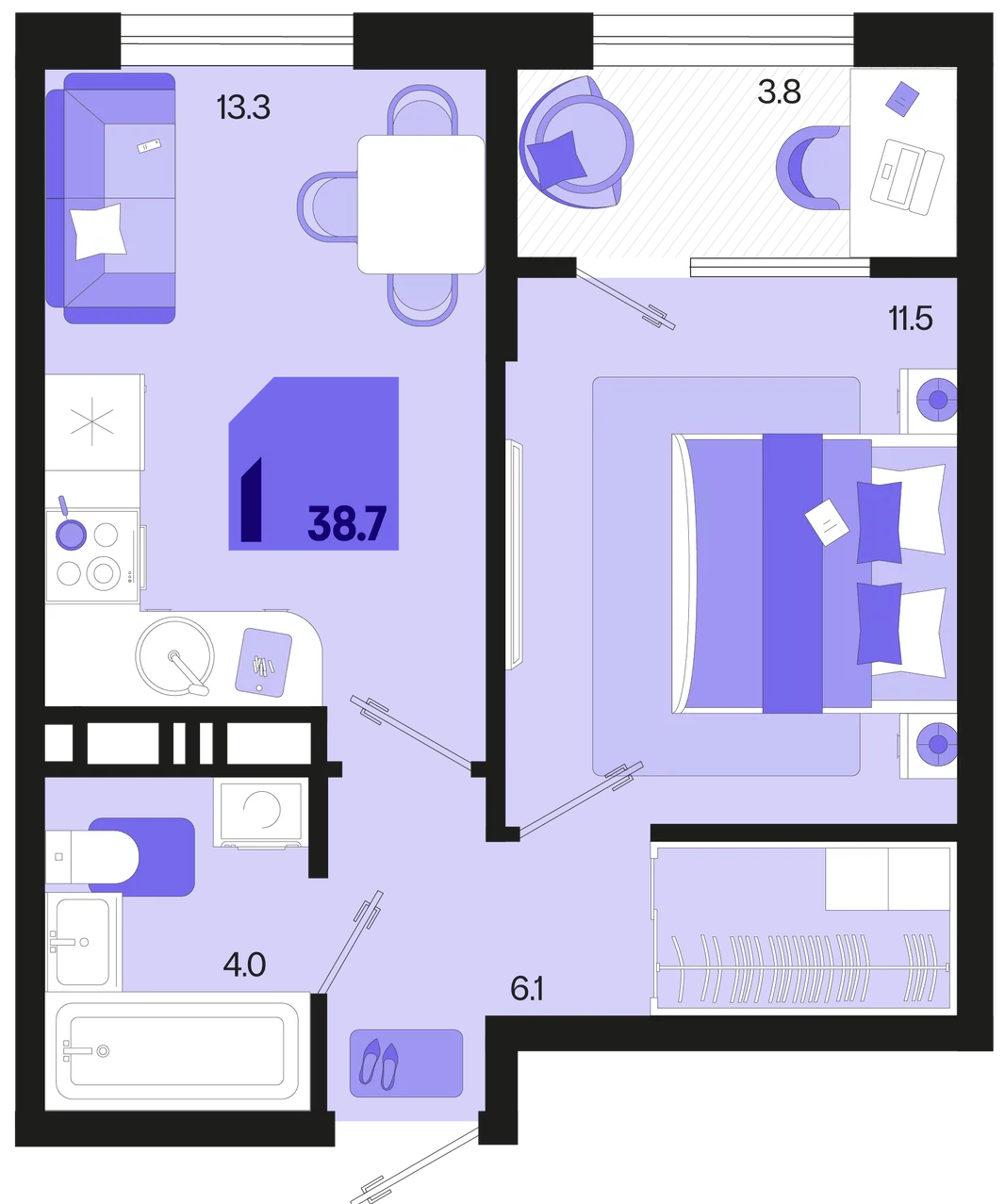 Планировка 1-комн. квартира, 38.7 м² ЖК «Первое место»