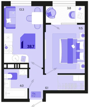 Планировка 1-комн. квартира, 38.7 м² ЖК «Первое место»