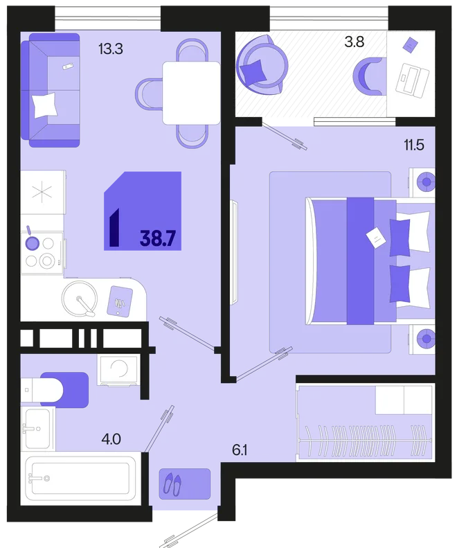 Планировка 1-комн. квартира, 38.7 м² ЖК «Первое место» Планировка 1-комн. квартира, 38.7 м² ЖК «Первое место»