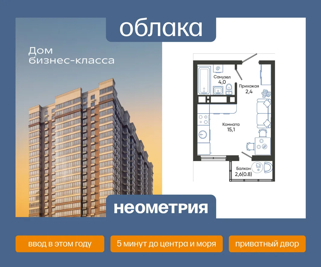 Планировка Студия, 22.3 м² ЖК «Облака»