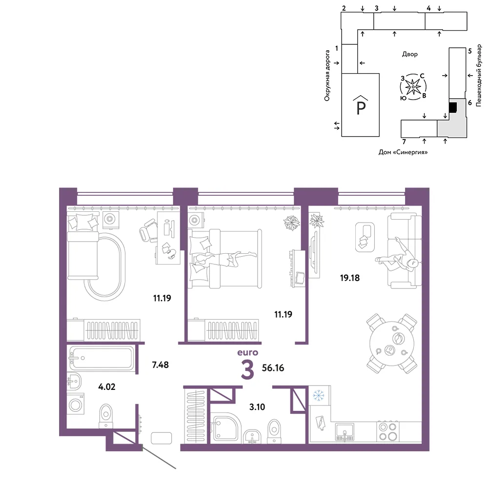 Планировка 3-комн. квартира, 56.16 м² ЖК «Юнион»
