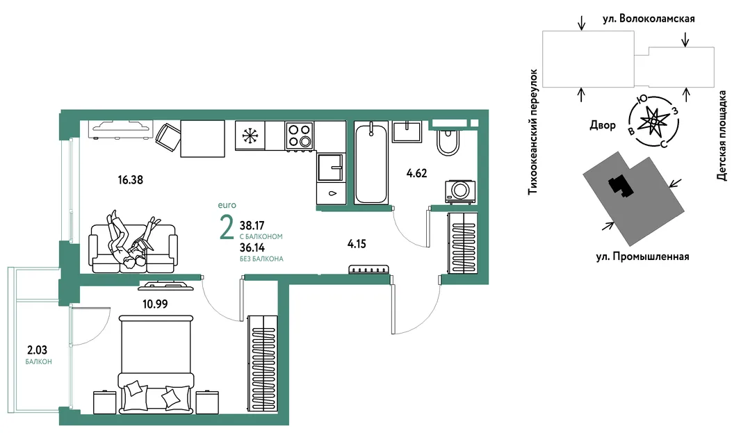 Планировка 2-комн. квартира, 38.17 м² ЖК «Страна Прибрежная»