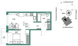 Планировка 2-комн. квартира, 38.17 м² ЖК «Страна Прибрежная»