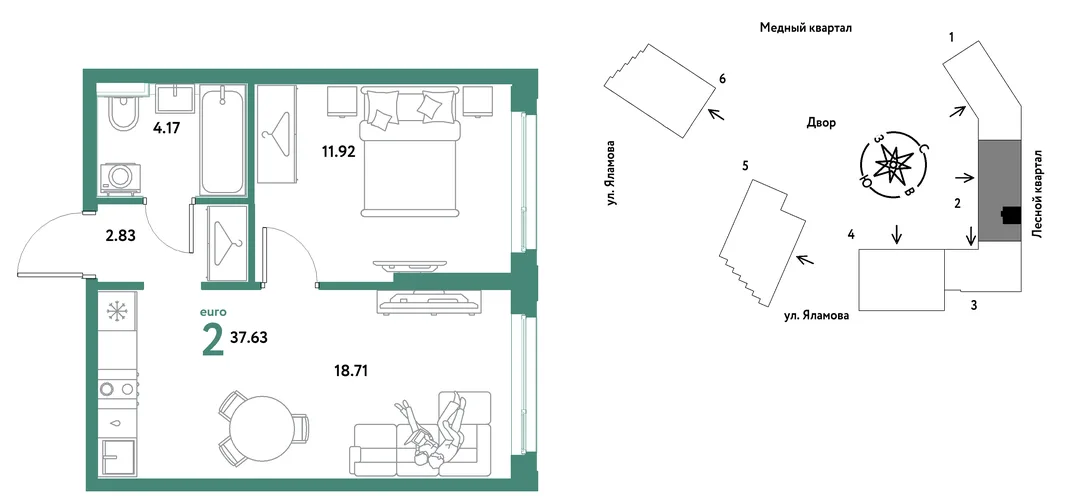 Планировка 2-комн. квартира, 37.63 м² ЖК «Сибирский сад»
