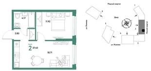 Планировка 2-комн. квартира, 37.63 м² ЖК «Сибирский сад»