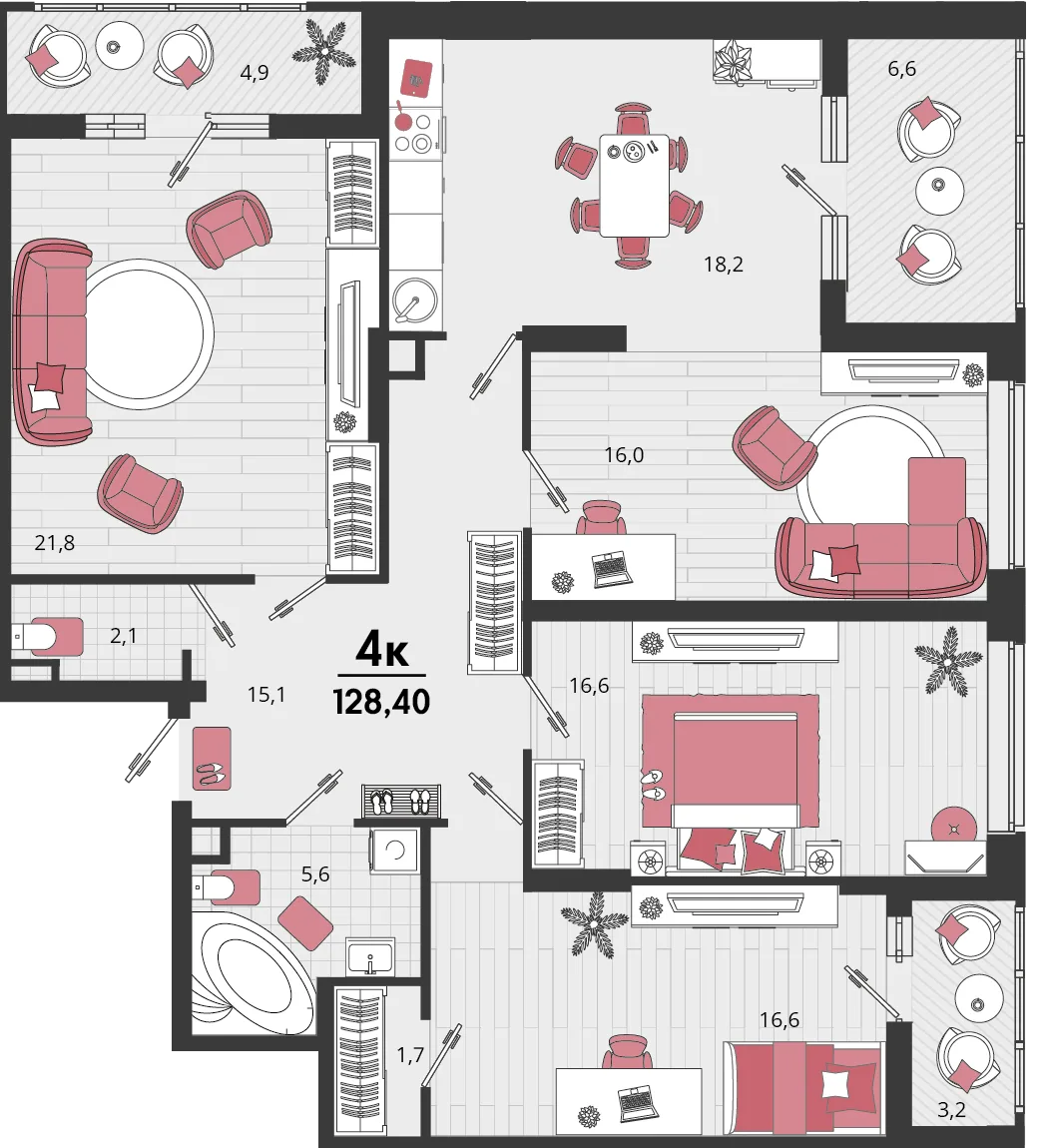 Планировка 4-комн. квартира, 128.4 м² ЖК «Родные просторы»