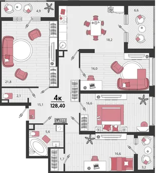 Планировка 4-комн. квартира, 128.4 м² ЖК «Родные просторы»