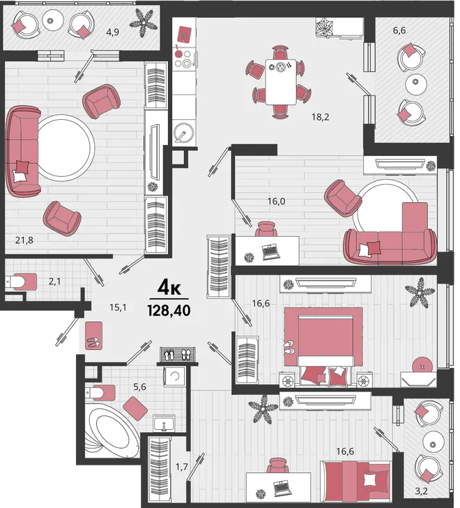 Планировка 4-комн. квартира, 126.9 м² ЖК «Родные просторы»