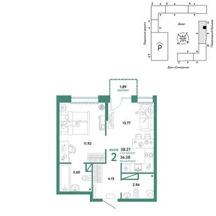 Планировка 2-комн. квартира, 38.27 м² ЖК «Юнион»