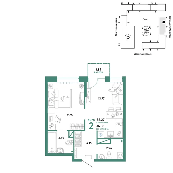 Планировка 2-комн. квартира, 38.27 м² ЖК «Юнион» Планировка 2-комн. квартира, 38.27 м² ЖК «Юнион»