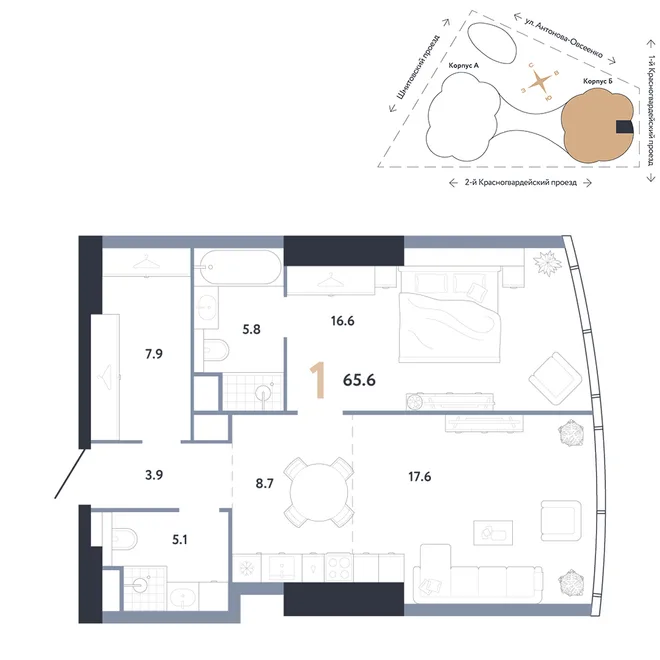 Планировка 1-комн. квартира, 65.6 м² ЖК «АУРУС Резиденции» Планировка 1-комн. квартира, 65.6 м² ЖК «АУРУС Резиденции»