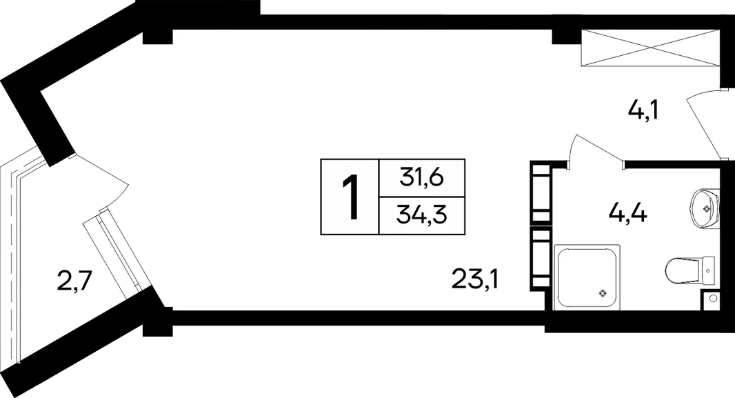 Планировка 1-комн. квартира, 34.3 м² Апарт-отель «Cosmos Smart Евпатория»