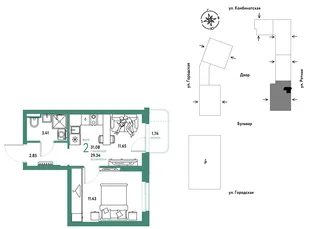 Планировка 2-комн. квартира, 31.08 м² ЖК «Уральский сад»