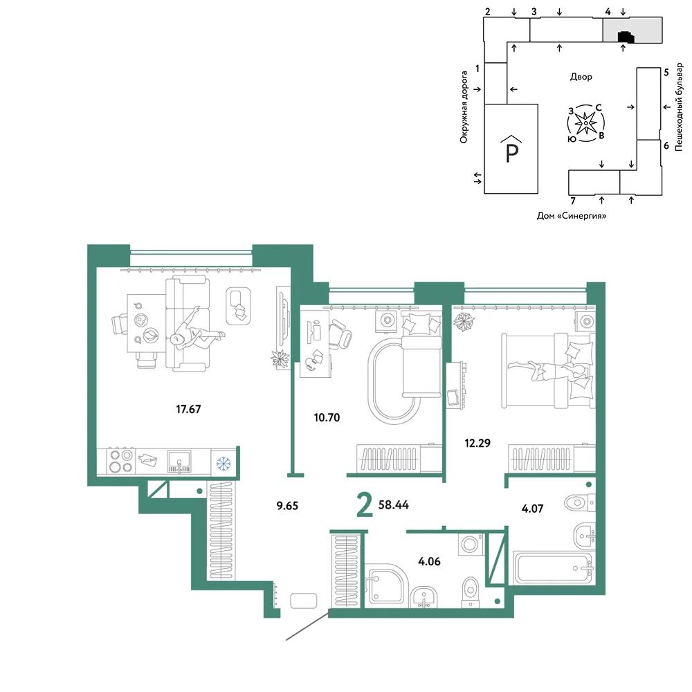 Планировка 2-комн. квартира, 58.44 м² ЖК «Юнион»