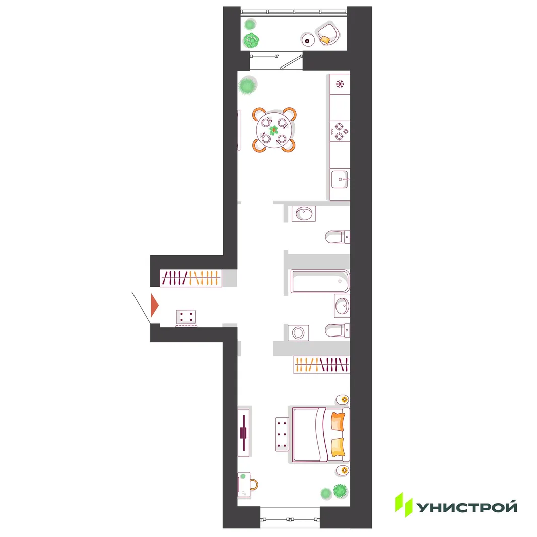 Планировка 1-комн. квартира, 42.44 м² ЖК «Южный бульвар 2»