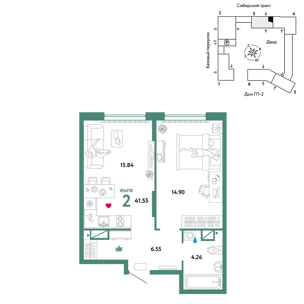 Планировка 2-комн. квартира, 41.55 м² ЖК «Сибирский сад»