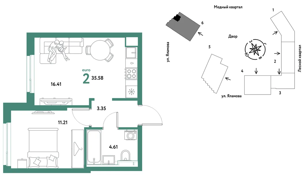 Планировка 2-комн. квартира, 35.58 м² ЖК «Сибирский сад»