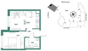 Планировка 2-комн. квартира, 35.58 м² ЖК «Сибирский сад»